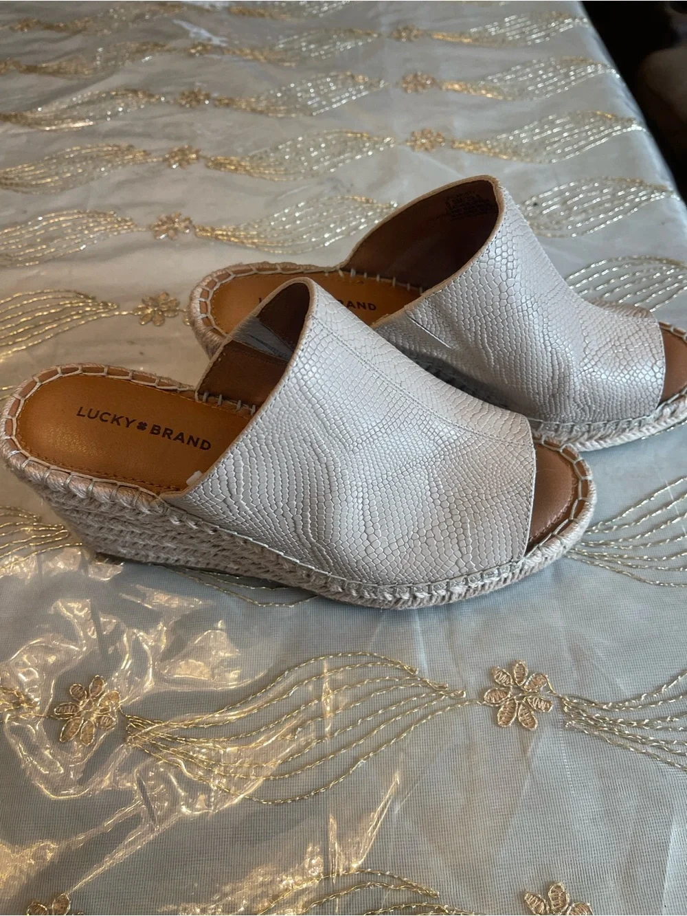 Lucky Brand Cream Textured Espadrille Wedge Slides genuine leather bone 8.5